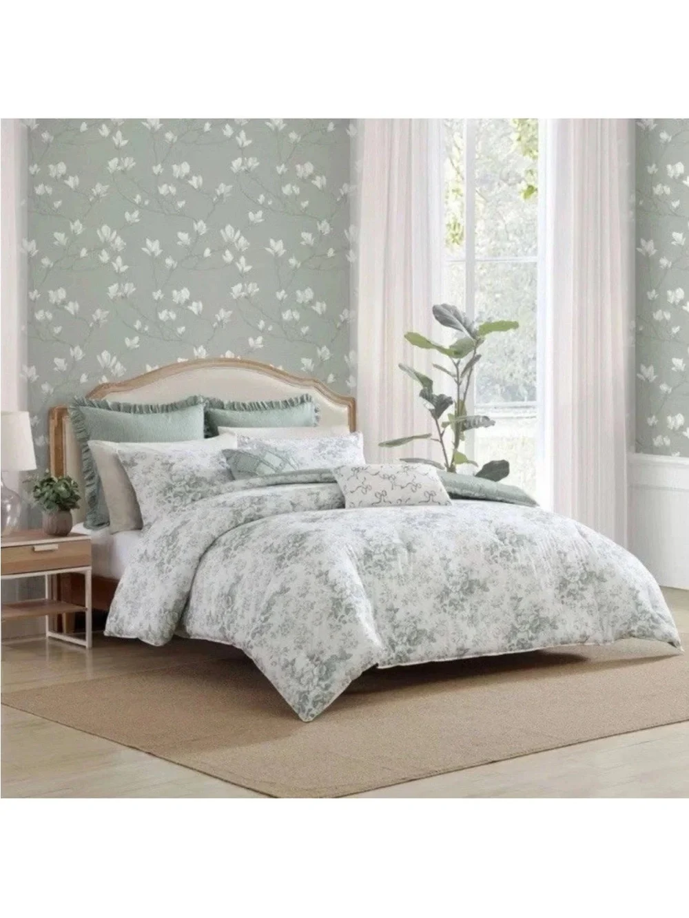 Laura Ashley Twin Green Floral Toile Reversible Comforter Set 5pc